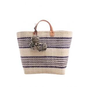 NEW FAIRE women's bohemian striped pom-pom straw bag in blue/natural